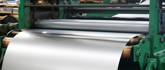 Stainless steel sheet being processed through an industrial plate rolling machine for precision forming.