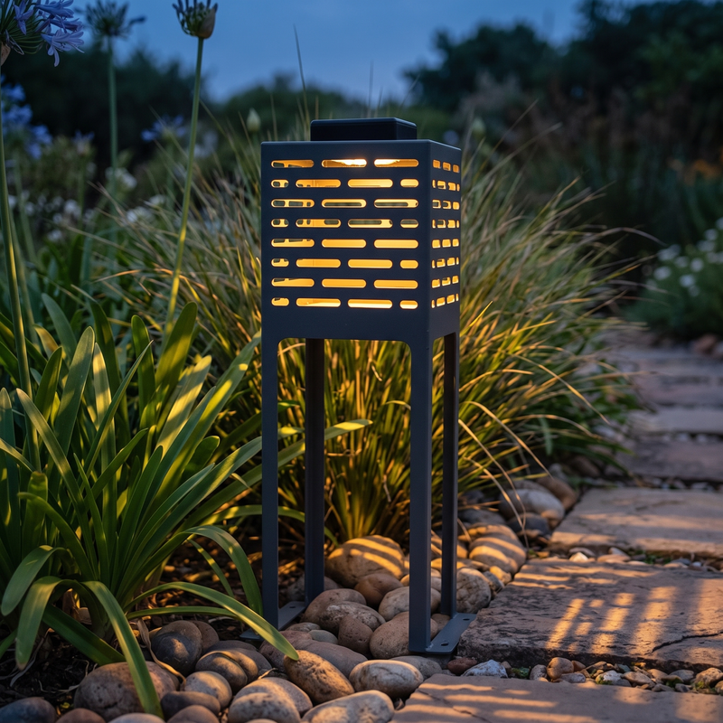 Load image into Gallery viewer, Solar floor light glowing in a garden bed beside a stone path at dusk
