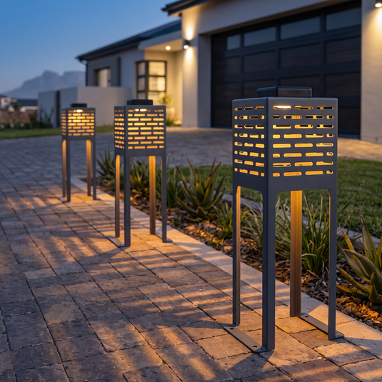 Row of solar floor lights lining a paved driveway at dusk
